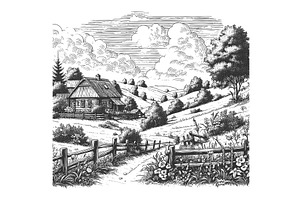 Rustic Countryside Road with, an Illustration by AlexArt
