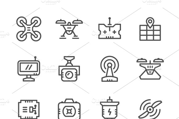 Set Line Icons Of Quadrocopter