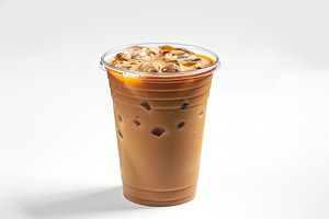 Iced coffee latte in cup on white background, a Food & Drink Photo by AlyaAnd