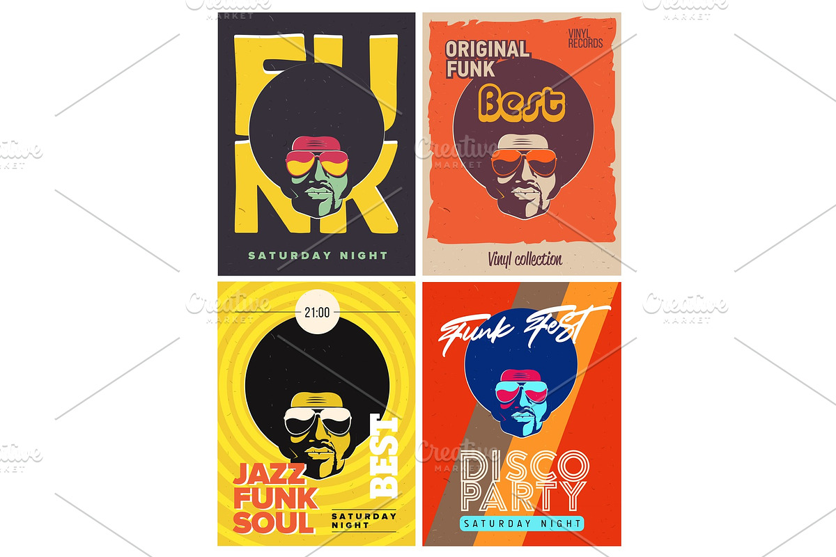 Disco party event flyers set. Collection of the creative vintage posters. Vector retro style template. Black man in sunglasses., a Decorative Illustration by Di Bronzino