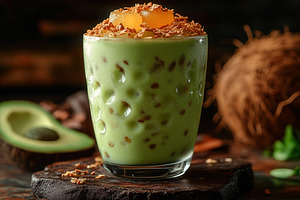 Refreshing green dessert drink with, a Photo by Tanuart