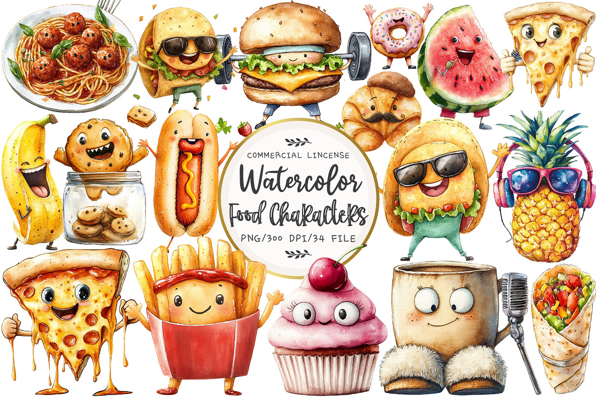 Watercolor Food Characters Clipart, an Illustration by OK Design (Photo 1 of 5)