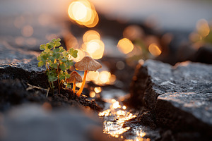 Small wild mushrooms thriving between cracks in stone at sunset, a Photo by AlyaAnd