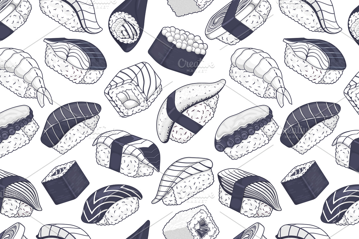 Japanese sushi seamless pattern, a Food Illustration by Yayasya (Photo 1 of 2)