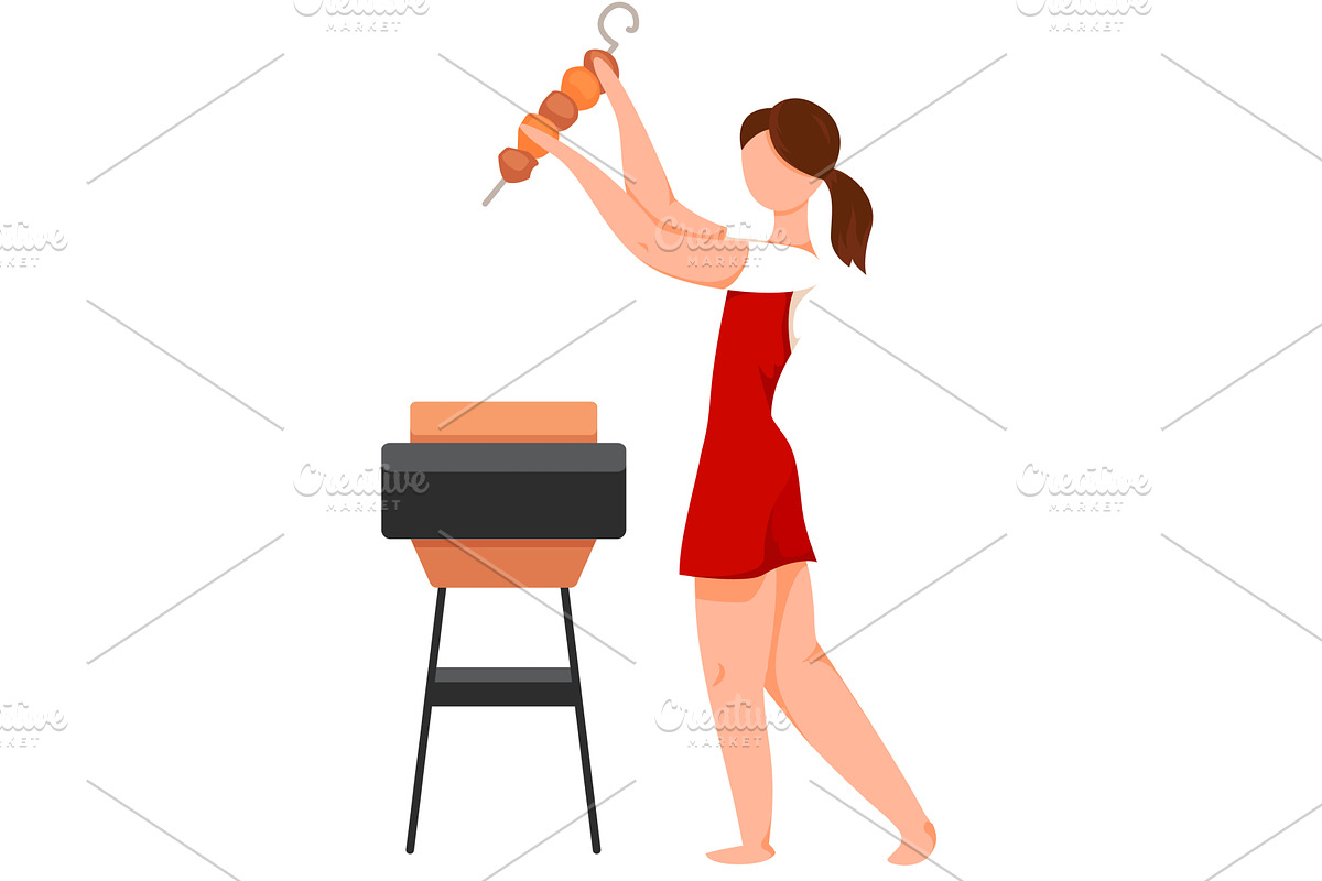 Girl cooking bbq kebab vector, a Person Illustration by vectorpointstudio