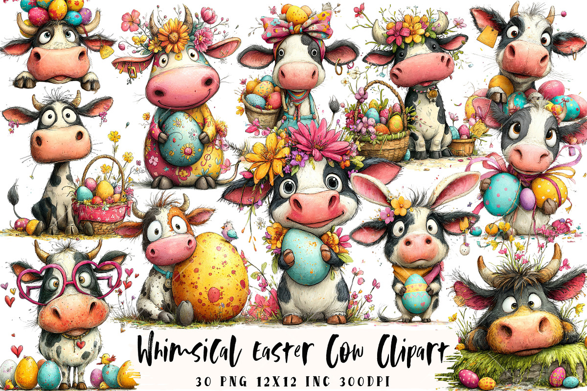 Whimsical Easter Cow Clipart, an Illustration by OK Design (Photo 1 of 6)