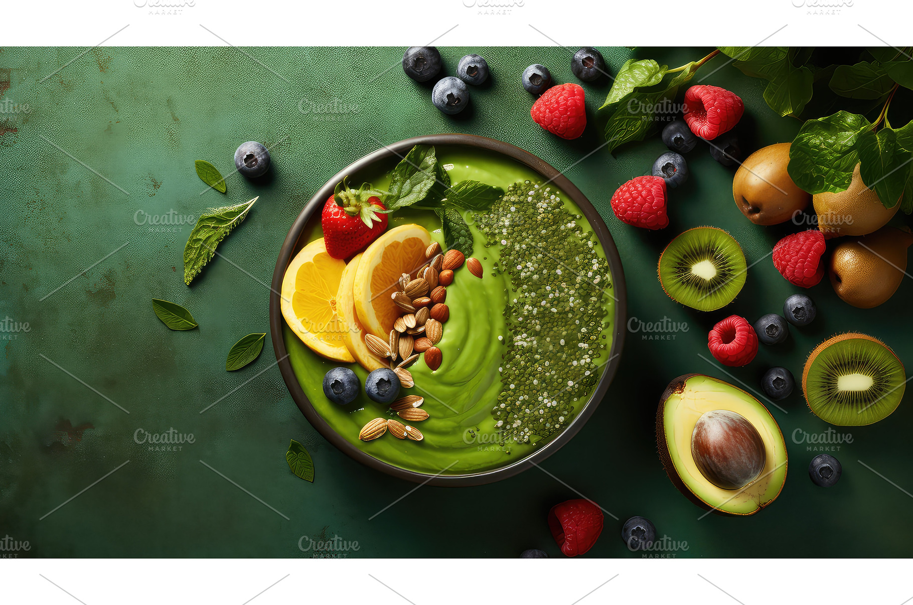 eco green food background ai, a Food & Drink Photo by pikepicture