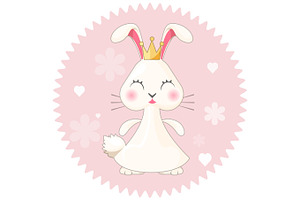 Bunny Girl Cute Princess Vector Illustration On Pink With Flowers