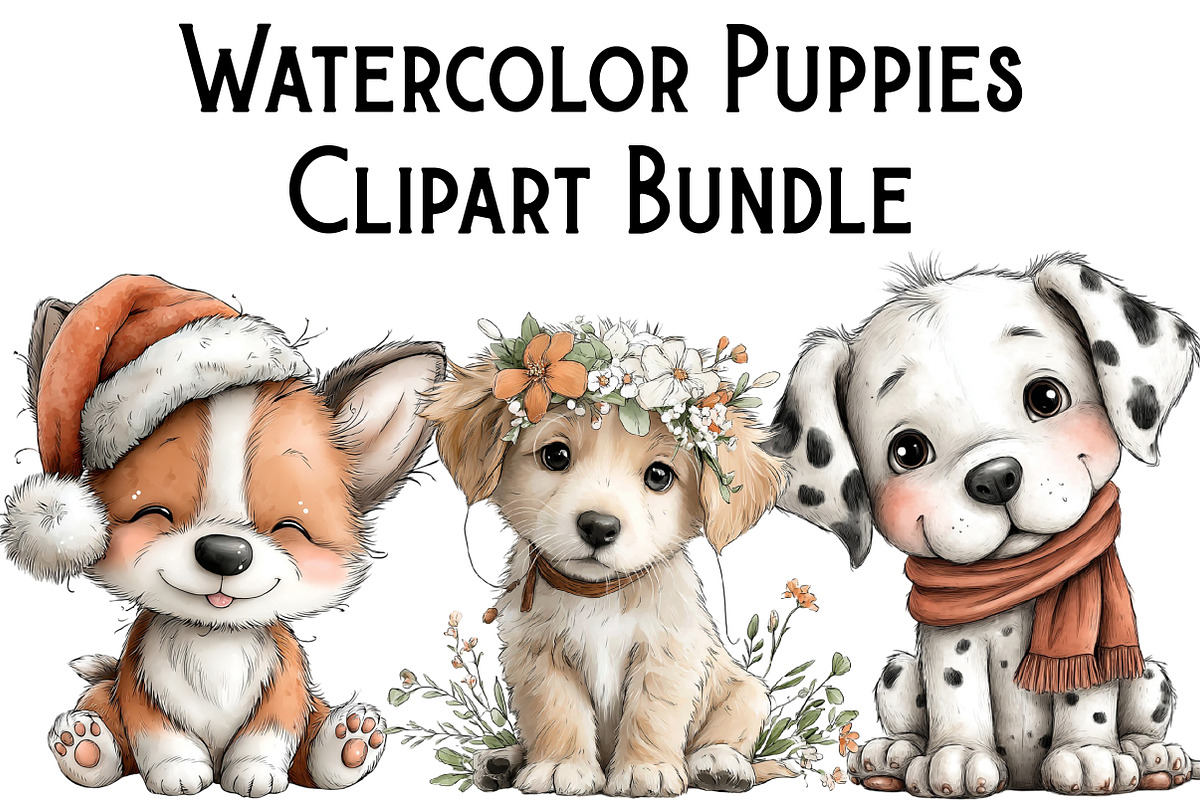 Watercolor Puppies Clipart, an Illustration by Pixels.Craft (Photo 1 of 6)