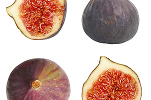 A set of four fresh common figs, featuring two whole figs and tw, a Food & Drink Photo by ndanko