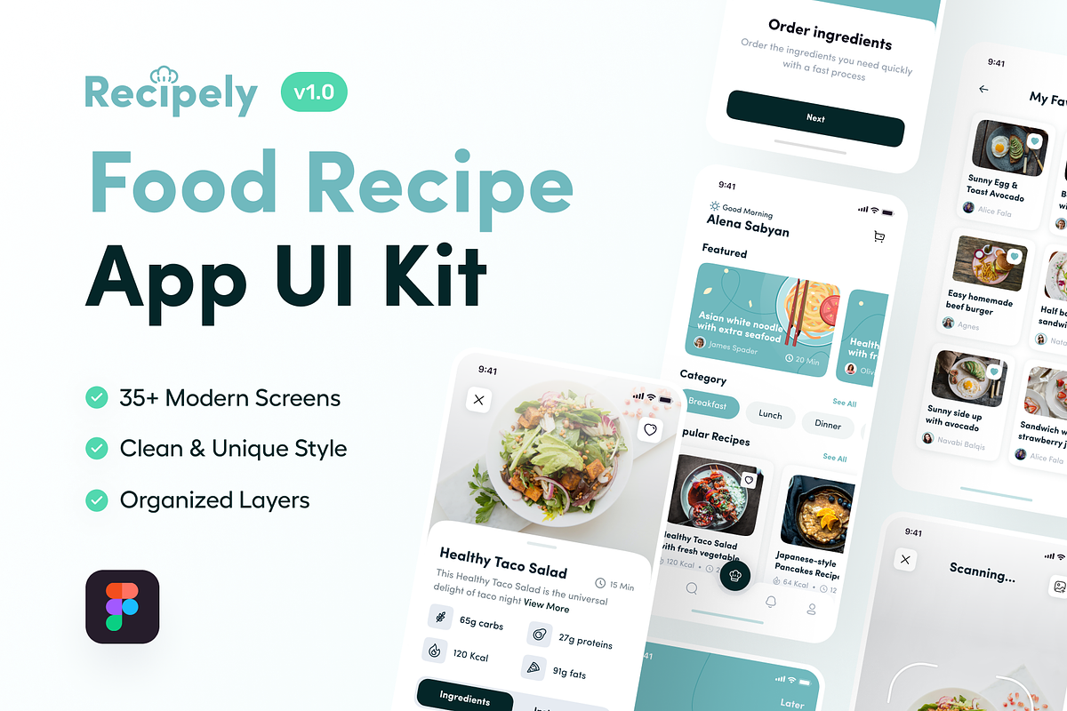 Recipely - Food Recipe App UI Kit, an UI Kit Template by dhuhacreative (Photo 1 of 8)