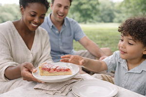 Family enjoying rhubarb pie during p, a Photo by Dvoevnore photos