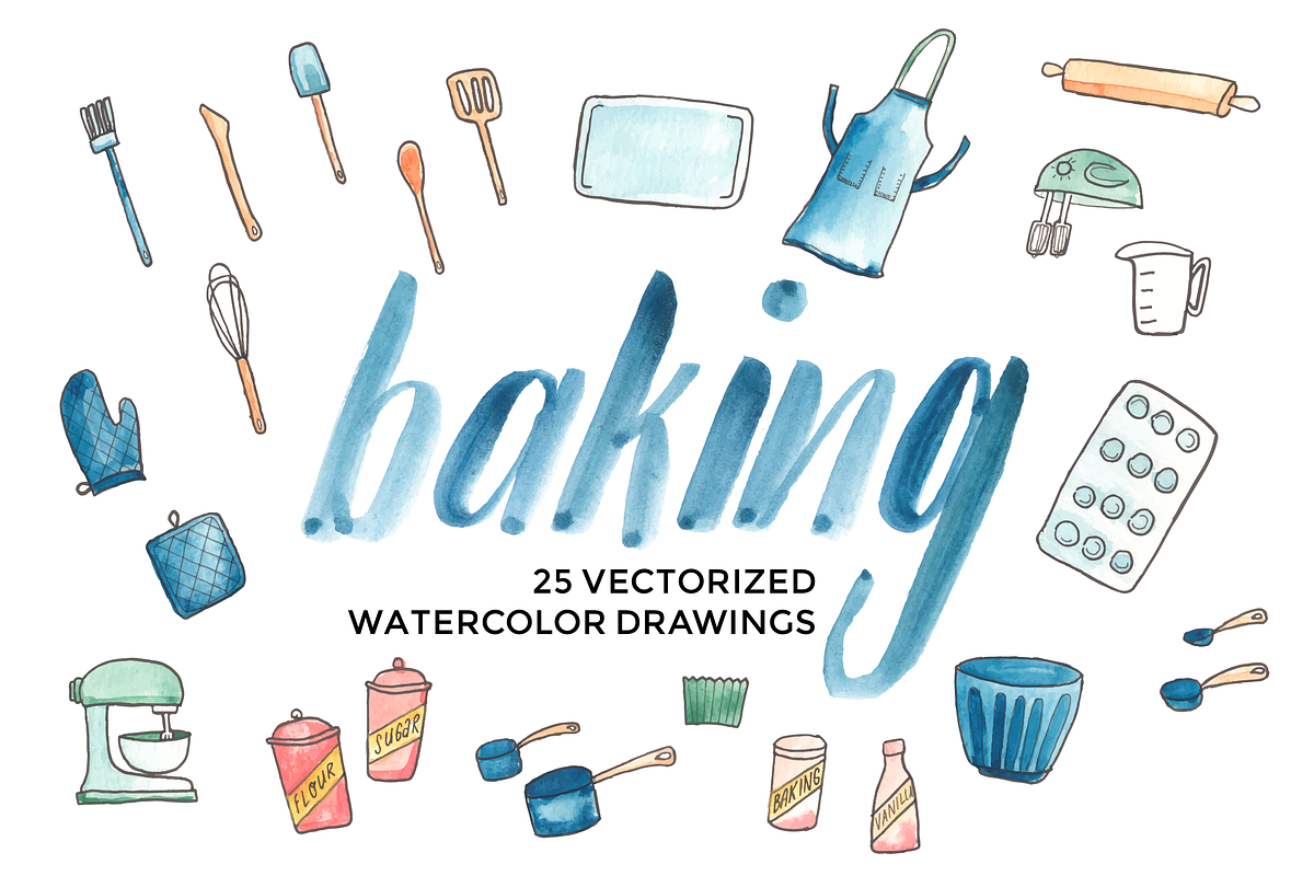 Vector Watercolor Baking Supplies, an Illustration by Hello Brio (Photo 1 of 4)