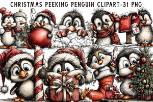Christmas Peeking Penguin Clipart, an Illustration by Libby Wishes