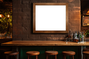 Framed Picture Canvas Mockup In The Bar. A Cozy Bar Interior Featuring A Wooden