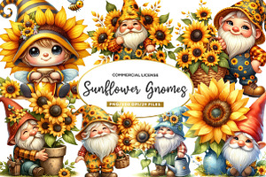 Watercolor Sunflower Gnomes Clipart, an Illustration by CreationArt