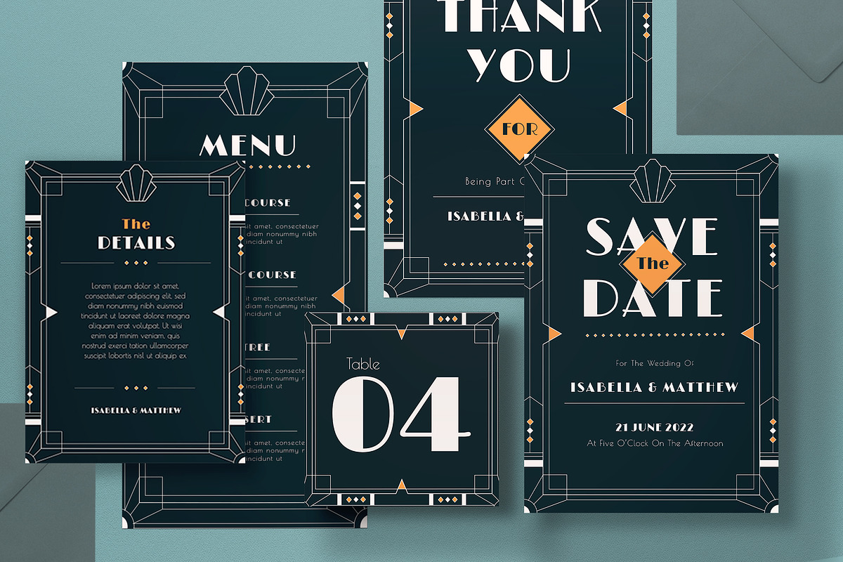 Art Deco Wedding Invitation Set, an Invitation Template by graphicook (Photo 2 of 3)