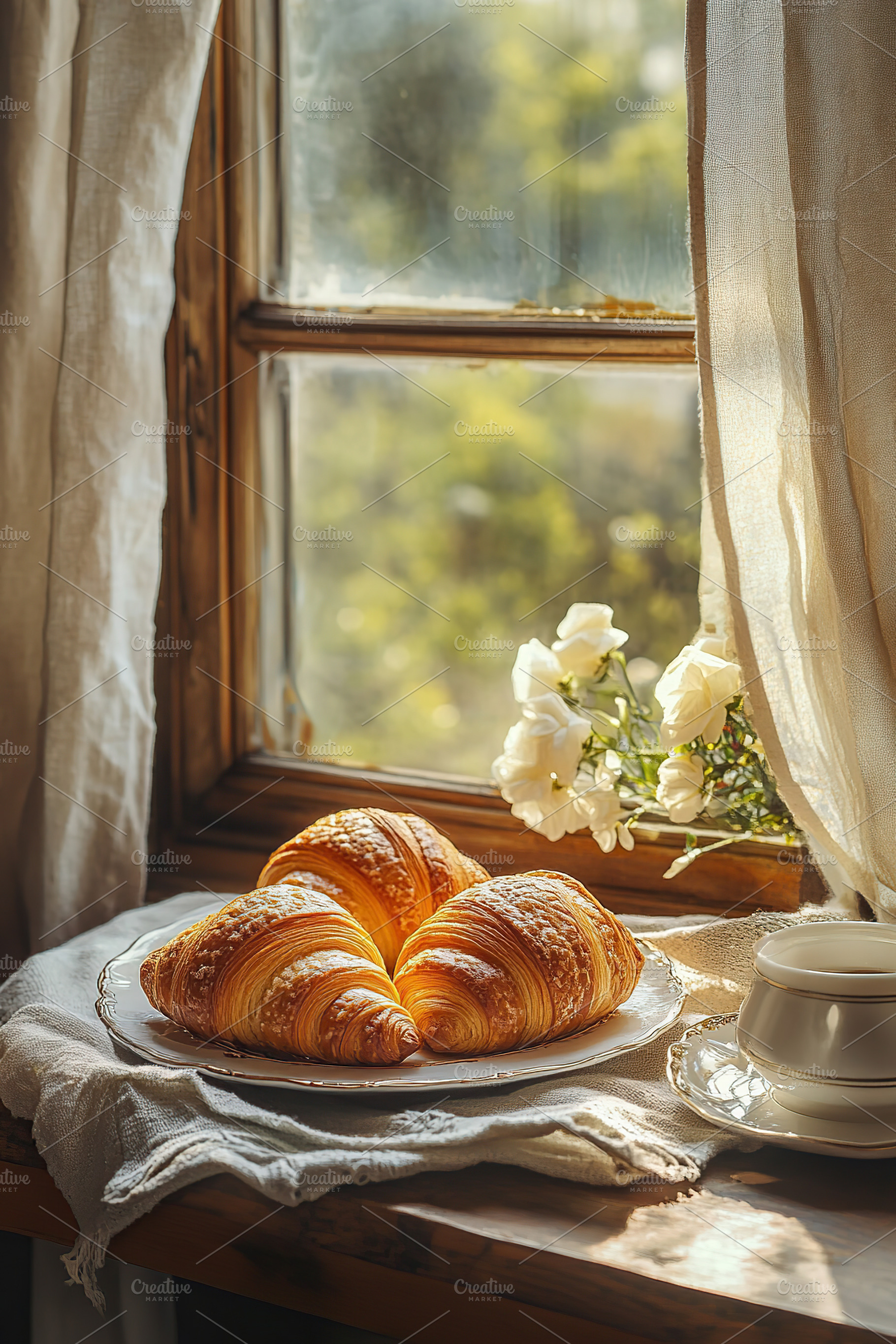 French pastry croissants on windowsill with sunrays, a Food & Drink Photo by AlyaAnd