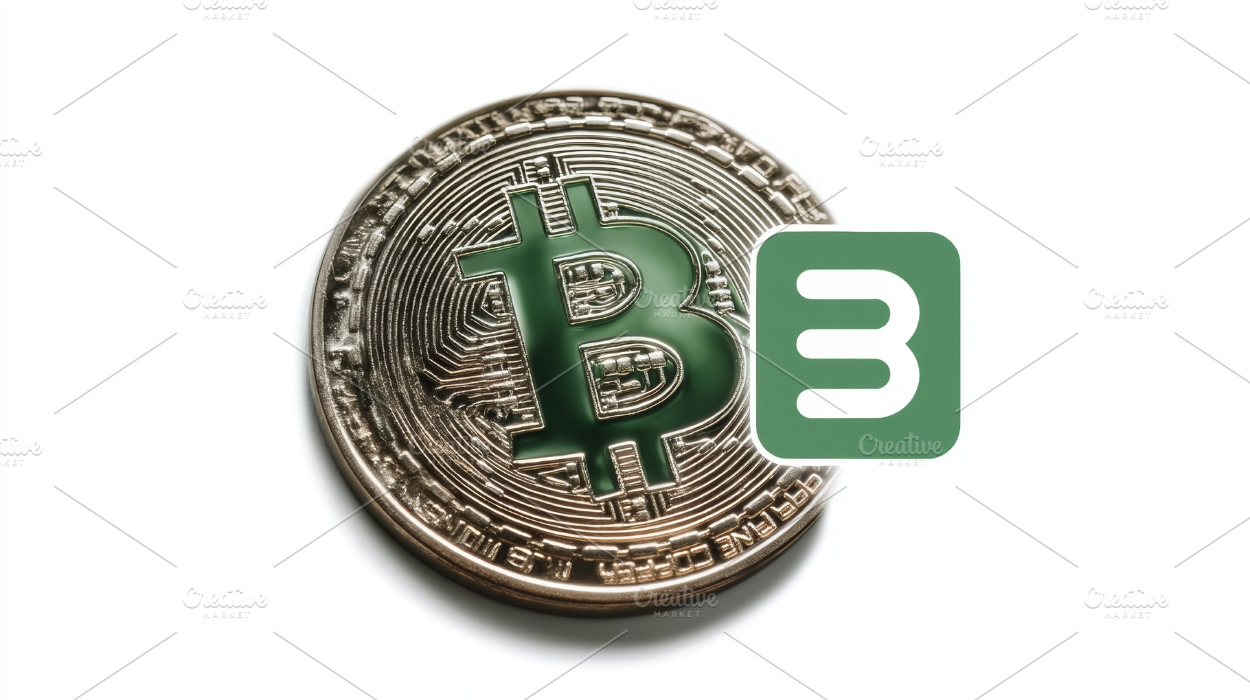 Bitcoin coin with green crypto icon on white background representing cryptocurr, a Photo by AS photostudio