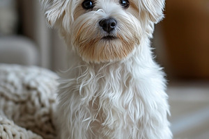 A small, fluffy white dog with a charming expression, sitting on a cozy blanket, an Animal Photo by ImageMir