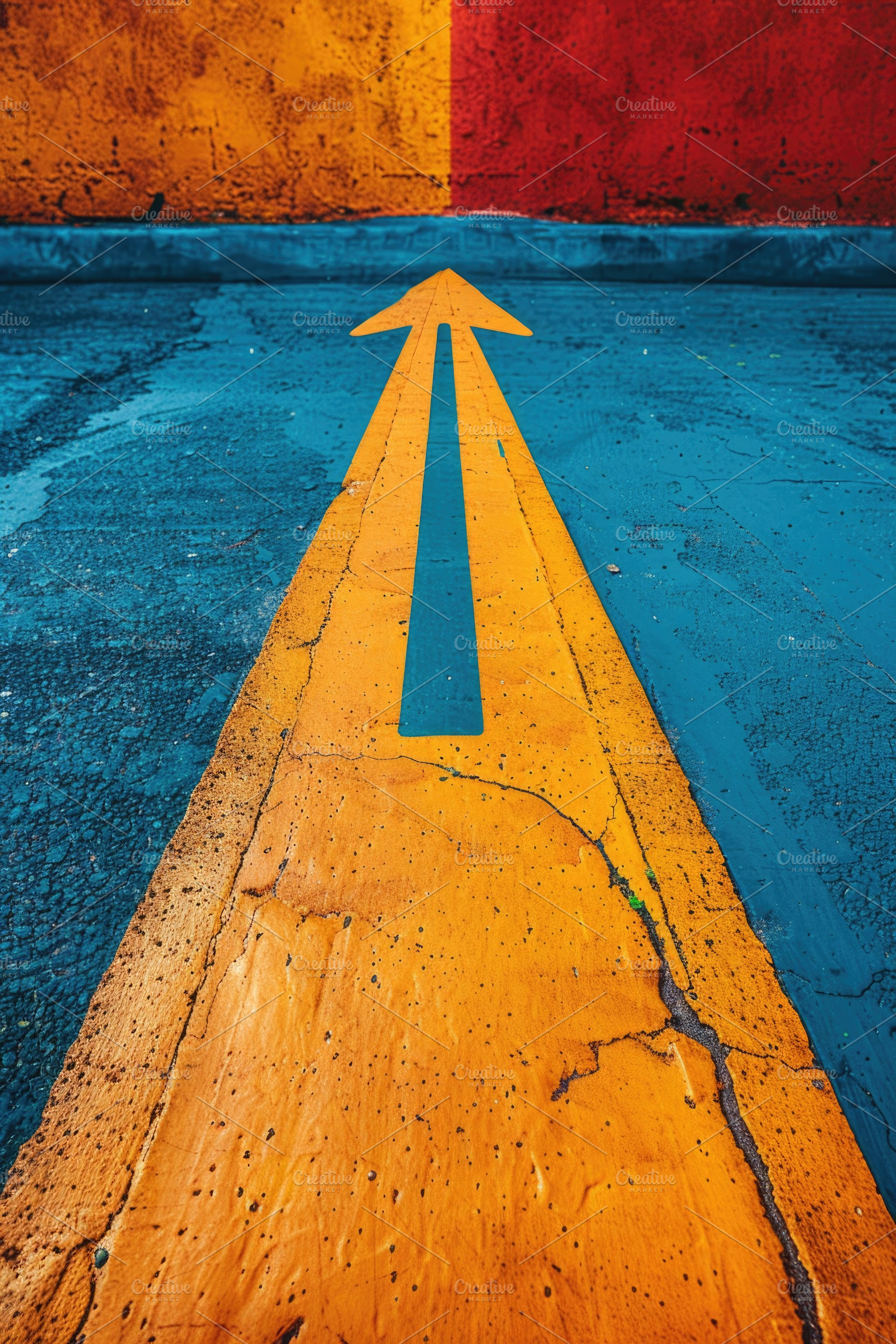 Bold yellow directional arrow on textured pavement, decision and, an Abstract Photo by José Manuel Gelpi
