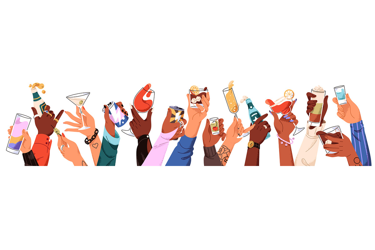 Hands holding alcohol drinks set, a Food Illustration by PaperTrident (Photo 7 of 11)