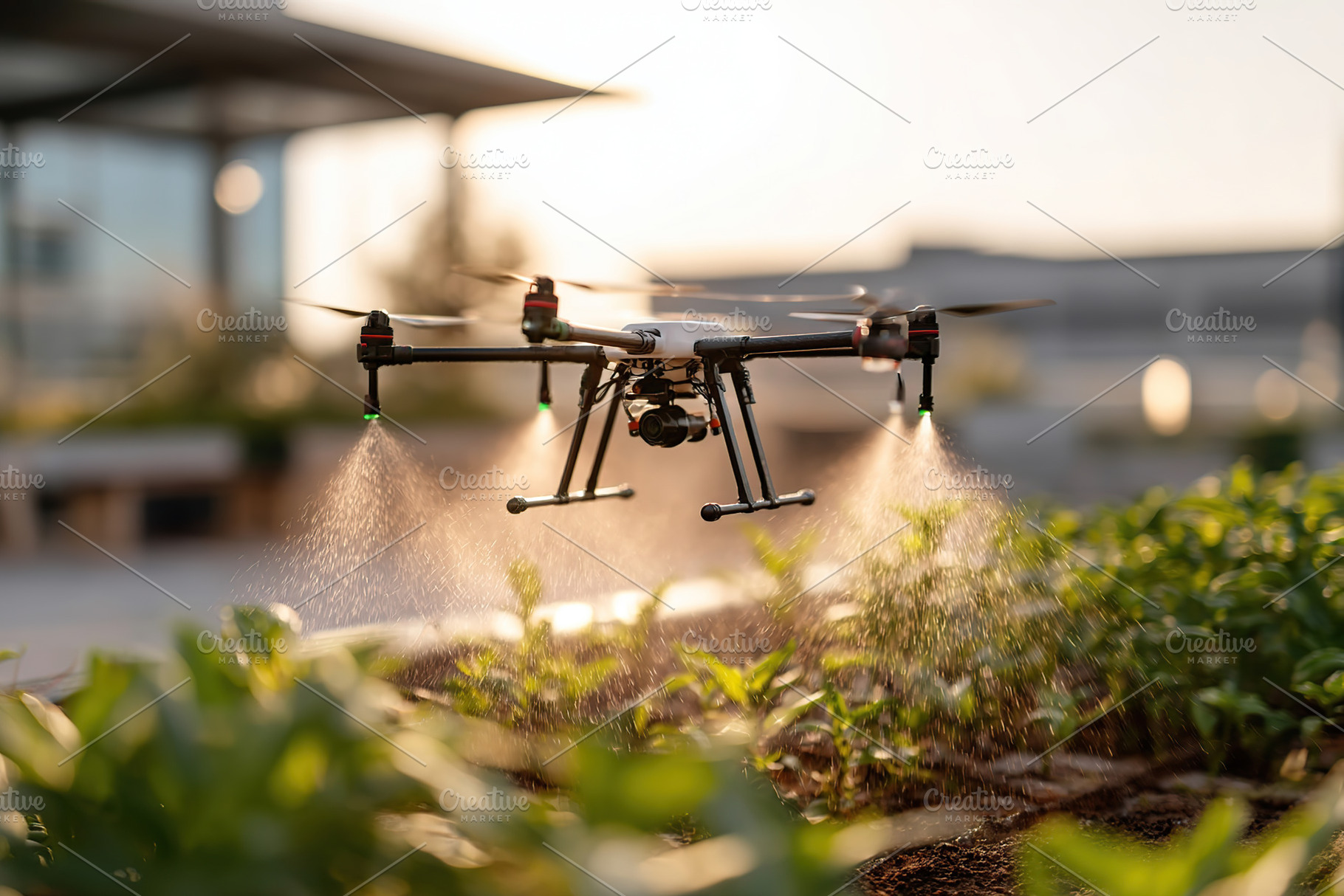 Agricultural drone sprays crops in precision farming technique during golden ho, a Photo by AlyaAnd