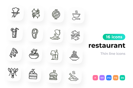 Restaurant 16 Thin Line Icons Set