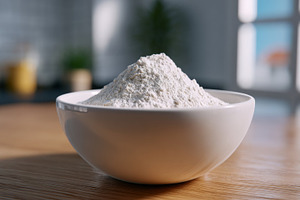 A close-up of a white bowl filled with flour, set against a modern kitchen back, a Business Photo by ImageMir