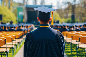 Graduate in a cap and gown stands, a School & Education Photo by MistyDay