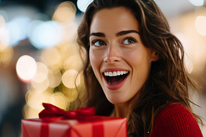 Beautiful woman in red sweater smile, a Holiday Photo by MistyDay