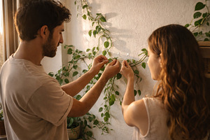 Couple tending climbing houseplants, a Photo by Dvoevnore photos