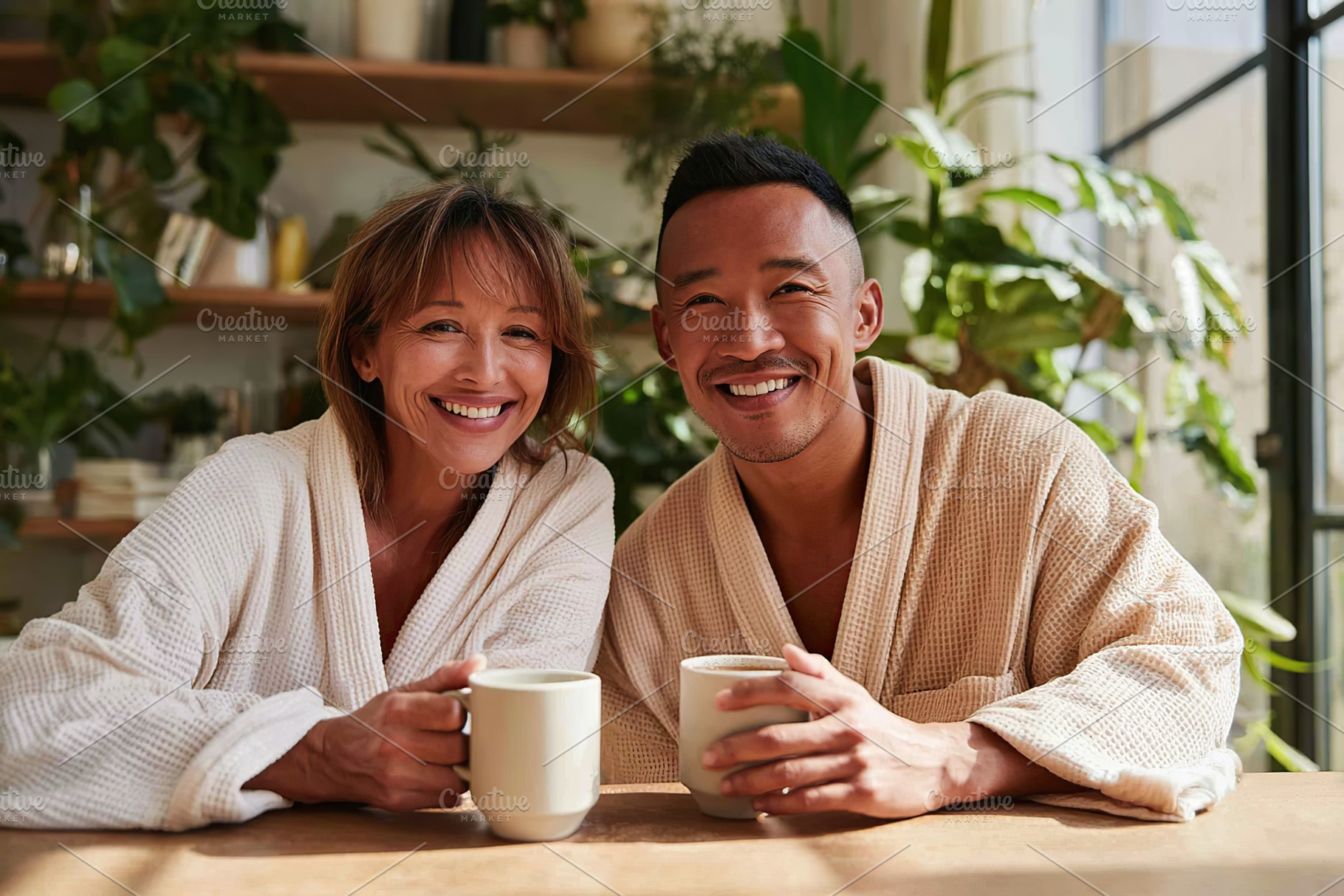 Happy couple enjoying coffee in a cozy indoor garden on a sunny morning, a Photo by AlyaAnd