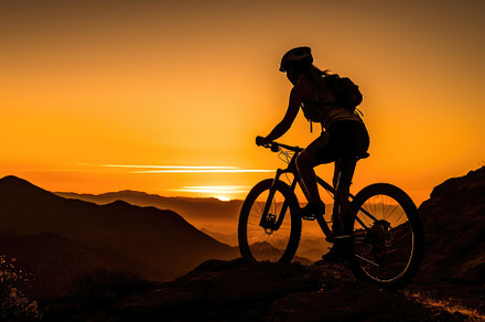 A low angle, her silhouette framed against the sunset, mountain, a Sports & Recreation Photo by designvectx