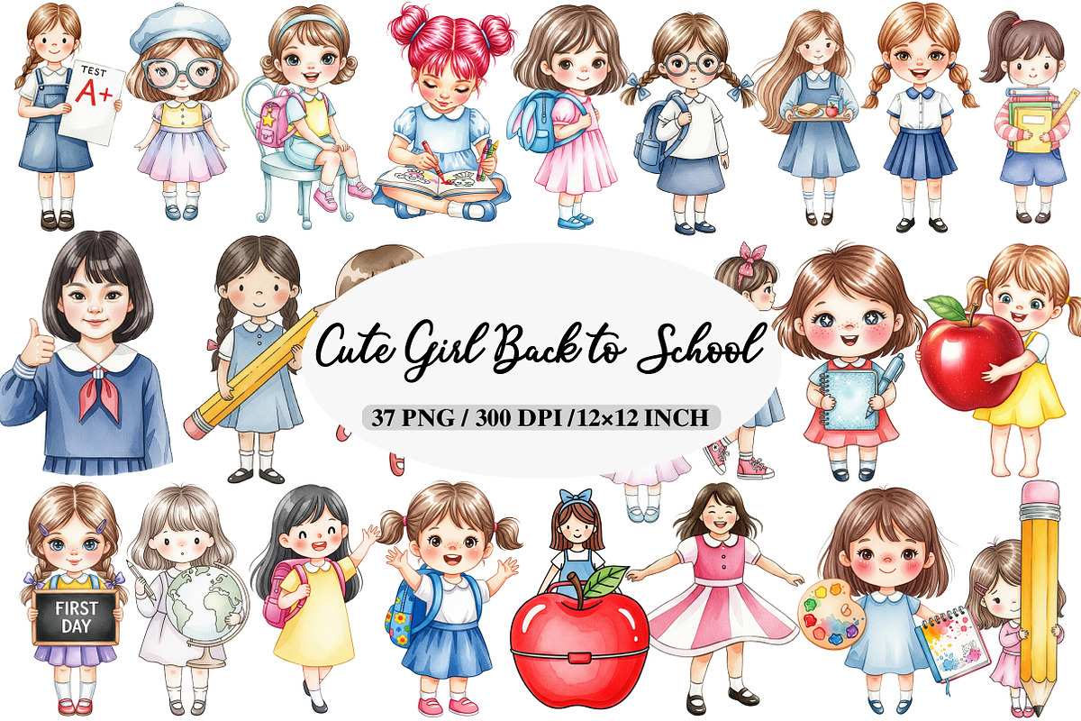 Watercolor Cute Girl Back to School, an Illustration by Daily.Designs (Photo 1 of 5)