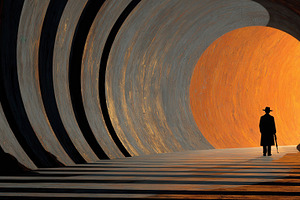 Man in hat walking towards bright or, a Photo by Pixeness Studio