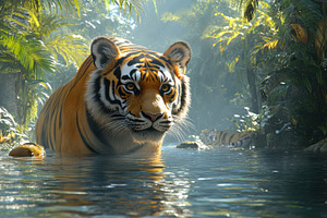 A majestic tiger wades through a tro, an Animal Photo by Pixeness Studio
