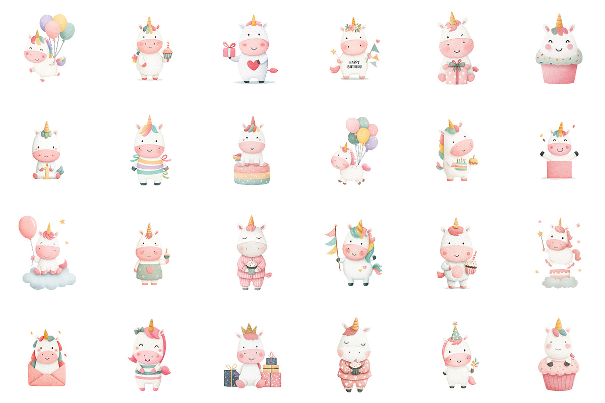 Watercolor Birthday Unicorn Clipart, an Illustration by Sublimation Artist (Photo 2 of 6)