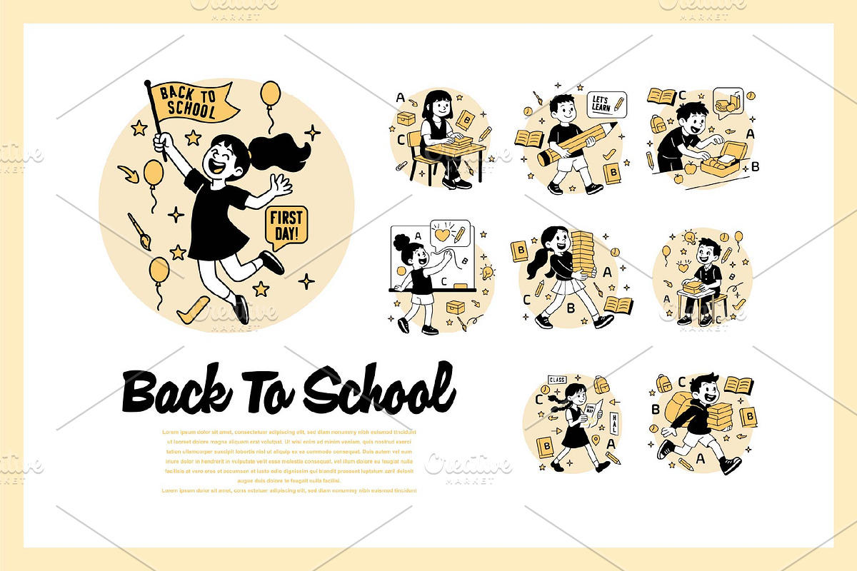 Set of cartoon kids back to school, a Finance Illustration by frog.ground (Photo 2 of 2)