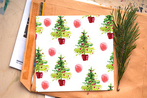 Watercolor Christmas Pattern, Tree