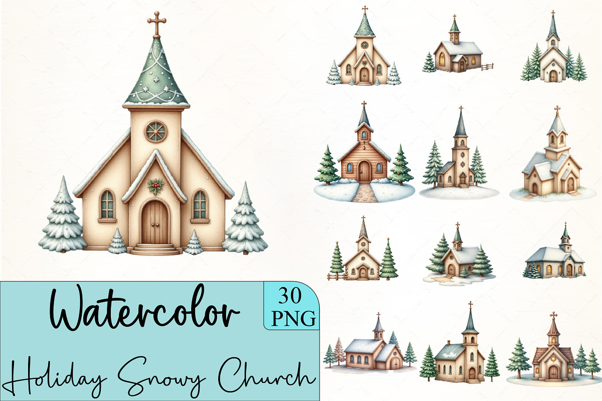 Holiday Snowy Church Clipart, an Illustration by CrexoraLab (Photo 1 of 5)