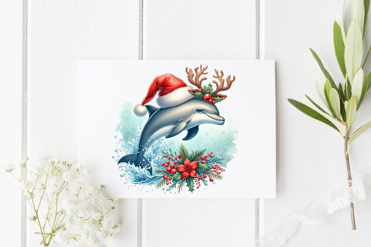 Watercolor Dolphin Christmas Clipart, a Graphic by CitraGraphics (Photo 5 of 6)