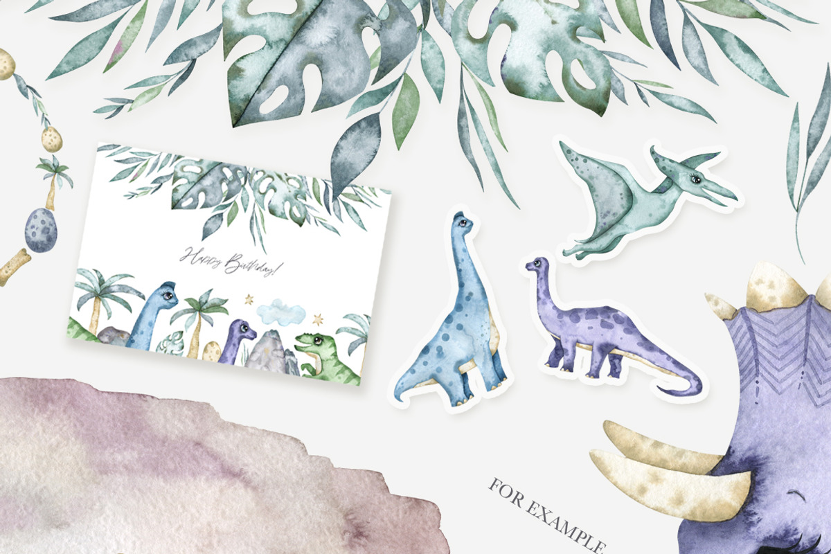 Watercolor cute dinosaurs set, an Animal Illustration by OrangePeafowlArt (Photo 8 of 11)