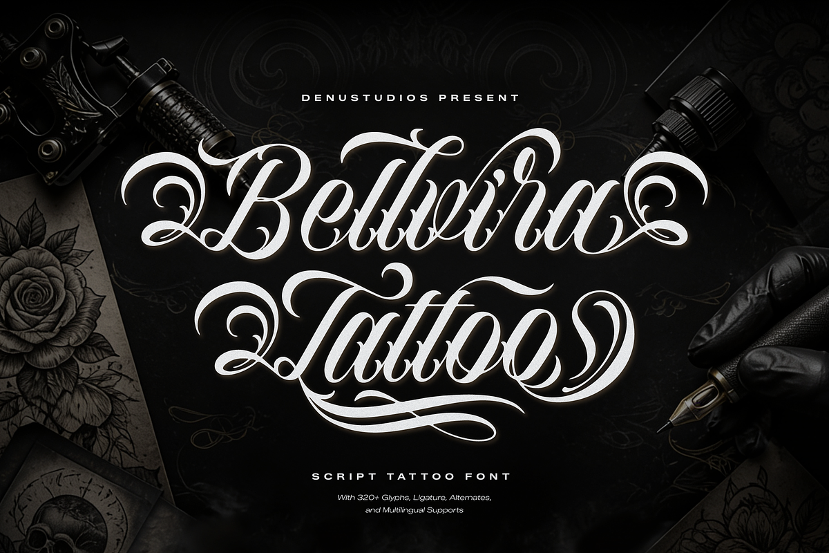 Bellvira Tattoo | Script Tattoo, a Blackletter Font by Denustudios (Photo 1 of 12)