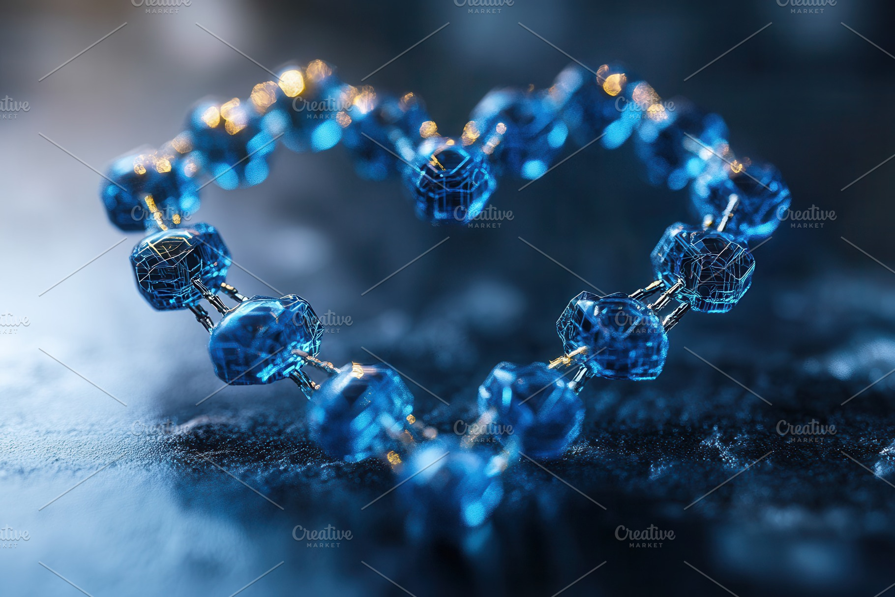 Blue glass beads arranged in a heart, a Photo by Tanuart
