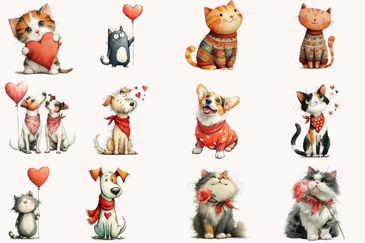Valentine cat and dog clipart bundle, an Illustration by Designworld (Photo 8 of 10)