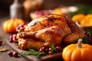 Roasted turkey with herbs and fruits for festive dining, a Food & Drink Photo by AlyaAnd