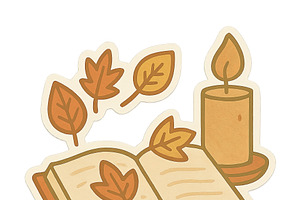 Autumn leaves and candle with open b, an Illustration by Dvoevnore photos
