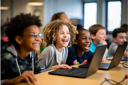 Elementary school kids fun computers, an Education Illustration by Ylivdesign