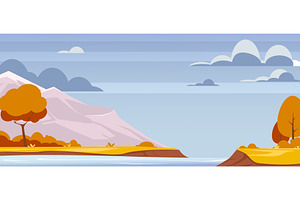 Autumn landscape with river, trees, an Illustration by Vectorbuum